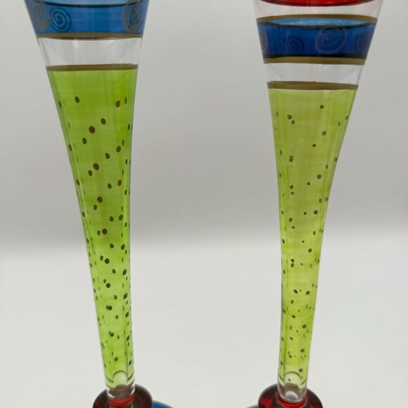Vtg Pier 1 Handpainted Fluted Champagne Glasses (2) Vibrant Design Discontinued - Picture 3 of 9